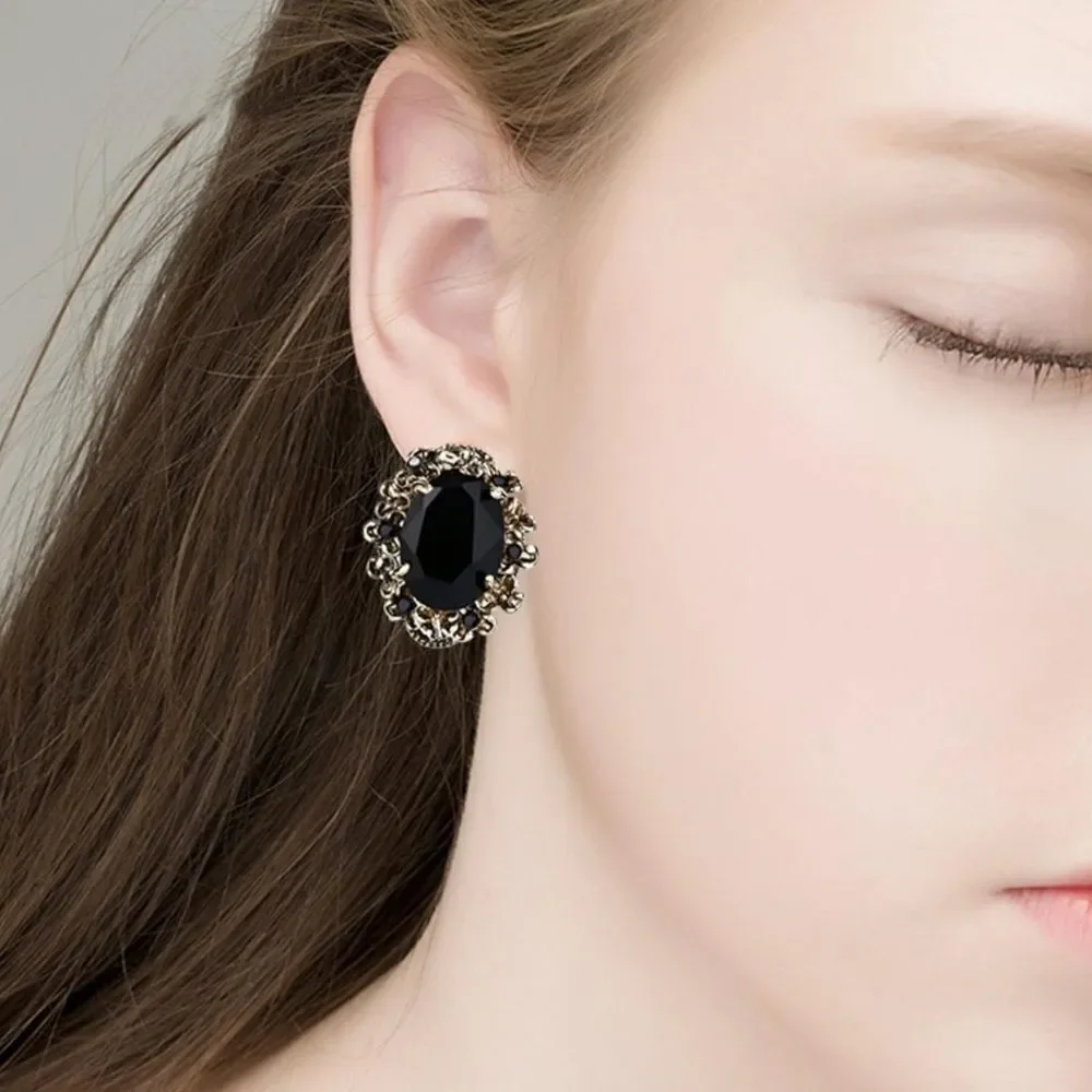 Antique Yellow Gold with Black Onyx Austrian Crystal Cameo Post Stud Earrings